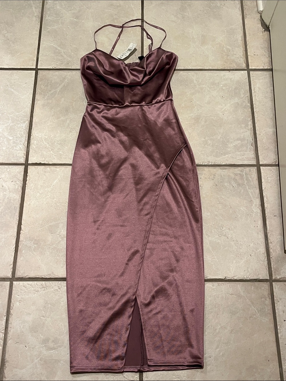 Windsor Satin Cowl Midi Dress in Plum